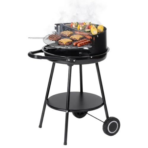 Tarrington House Holzkohlegrill Deluxe, Stahl, Tragbarer, rund, hohenverstellbarer Grillrost Ø 48 cm, mit Rädern, schwarz