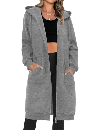 RITOSTA Damen Kapuzenjacke Lang Sweatjacke mit Kapuze Hoodie Jacke Herbst Winter Frühling Mantel Sweatshirts Langarm Kapuzenpullover Strickjacke mit Reißverschluss Taschen(Dunkelgrau,XXL)
