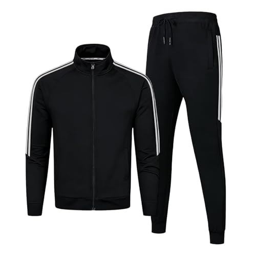 Clufar 2 Pcs Trainingsanzug Herren Fussball Schwarz Jogginganzug Herren mit Reißverschluss Atmungsaktiv Tracksuit Teenager Polyester Sportswear Fußball Männer Sportanzug Freizeitanzug Gym,L Black