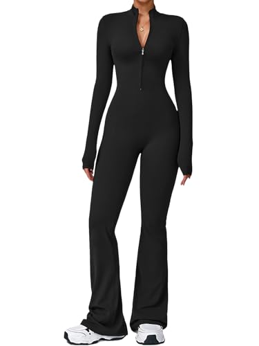 Ecupper Sport Jumpsuits für Damen mit Langarm Einteiler Overalls Flare Romper Reißverschluss Workout Sportanzug Schwarze S