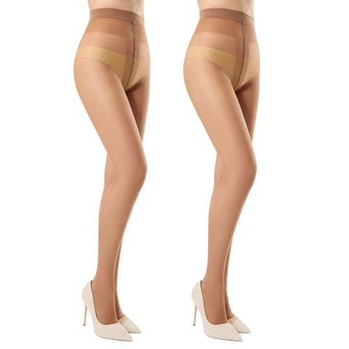 MANZI Feinstrumpfhose Damen 20 Den ultra Transparente Nylon Strumpfhose Seidig Glänzende Optik Hohe Taille Komfortbund 2 Paar Braun L-XL