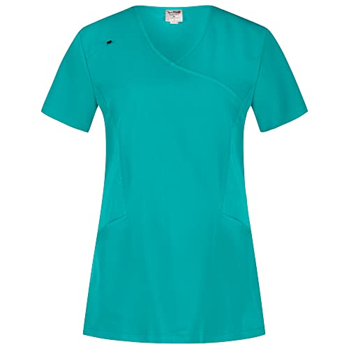B-well Justina Damen Kasack für Pflege und Altenpflege - Berufskleidung Kurzarm V-Ausschnitt Anti-Falten Mit Elasthan (Blaugrün, M)