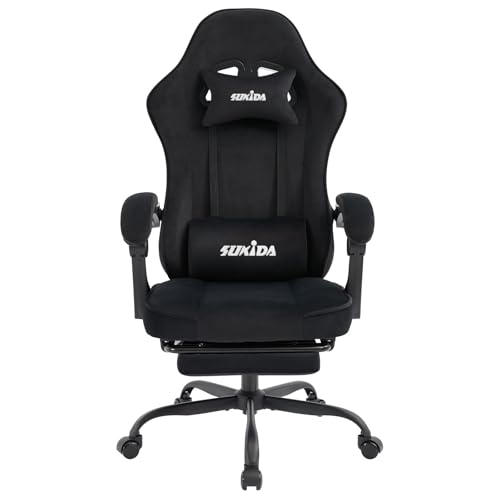 SUKIDA Gaming Stuhl Stoff, Ergonomischer Gaming Chair mit Fußstütze, Verstellbarer Racing Computerstuhl mit Lordosenstütze, Schwarz Ergonomisch PC-Stuhl