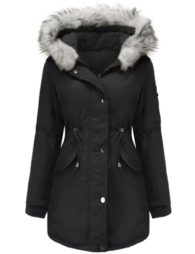 Tuopuda Winterparka Damen Lang Warm Winter mit Teddyfell Gefüttert Damen-Mäntel Wasserdicht Skijacke Fellkapuze Übergangsmantel Winddichter Oberbekleidung Geschenk für Frauen, Schwarz, L