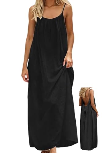NobSuit Damen Sommer Maxikleid, Leinenoptik, Spaghettiträger & rückenfreies Strandkleid mit Kordelzug, Schwarz, für Lounge, Urlaub & Freizeit, Größe S–XXL