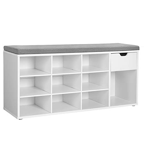 VASAGLE Custos Kollektion - Schuhbank, Schuhregal mit Schublade und offenen Fächern, Sitzbank, gepolsterter Sitz, Flur, Schlafzimmer und Eingangsbereich, 30 x 104 x 48 cm, weiß-grau LHS24WT