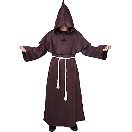Myir JUN Mönch Robe Kostüm Mönch Priester Gewand Halloween Kostüm mit Kapuze Mittelalterliche Kapuze Herren Männer Mönchskutte (Braun, Large)