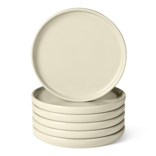 Amazon Basics Glasierte Steingut-Salatteller, 6-Teiliges Set, Mikrowellen- und Spülmaschinenfest, 21,1cm, Elfenbeinfarben