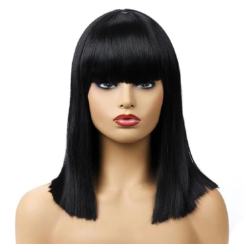 CATMEYE Glatte Schwarze Perücke mit Pony, Kurze Bob-Perücke aus hitzebeständigem synthetischem Haar für Damen & Mädchen, Verstellbare Kappe, Kostüm Cosplay Party Halloween (Schwarz) (Schwarz)