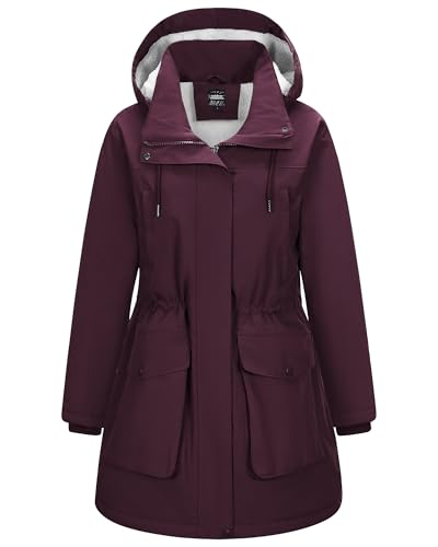 Outdoor Ventures Damen Regenjacke Lange Wintermantel mit Kapuze Frauen Wasserdicht Windbreaker Verdickene Warm Outdoorjacke Funktionsjacke für Wandern Laufen Sporten Weinrot 2XL