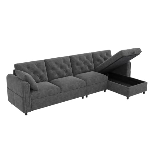 L-förmiges Ecksofa aus Samt mit großzügigem Stauraum Schlaffunktion mit verstellbarer Eckbank links rechts Seitliche Armlehnen mit Magazintaschen & Rückenlehne mit Knopfheftung Grau 281x132x86 cm