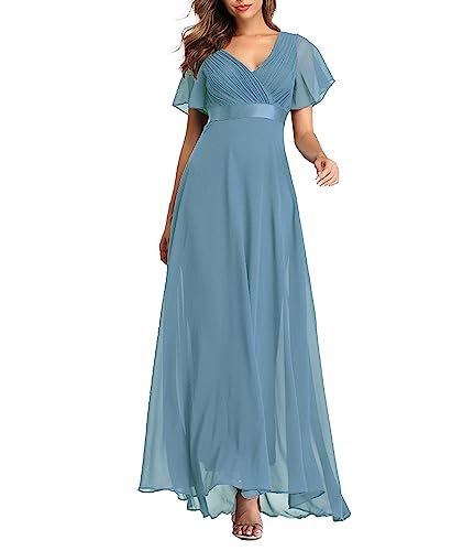 ECDAHICC Damen Abendkleider Gürtel V-Ausschnitt Hohe Taille A-Linie Chiffon Brautjungfernkleid Elegant Lang Ballkleid(AB,XL)