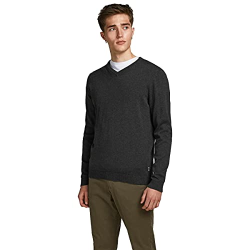 JACK & JONES Herren Jjebasic Knit V-neck Noos Pullover, Dark Grey Melange, L EU