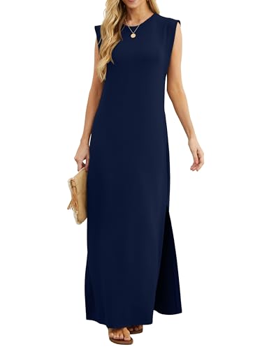 GRECERELLE Damen Sommer Maxikleid lässig Hemdkleider Elegante Stile ärmellos Maxikleider für Damen mit Schlitz und Taschen (02 Marineblau, XXL)