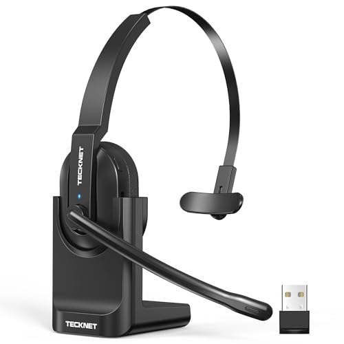 TECKNET V5.2 Bluetooth Headset mit Mikrofon, Wireless Headset mit Ladestation, MIC ENC Noise Cancelling kopfhörer, USB-Dongle, On-Ear Headset kabellos für Trucker/Callcenter/Büro – 60+ Std. Akku