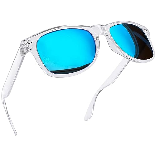 Joopin Polarisierte Blaue Sonnenbrille Herren Rechteckige UV400 Unisex Spiegel Retro Damen Sonnenbrille mit Durchsichtiges Gestell für Fahren und Tourismus (Transparent Verspiegelt Blau)