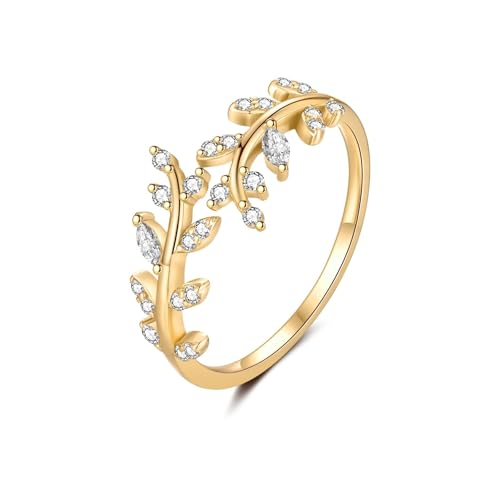 MASOP Ring Gold Zweig Blatt Offener Ringe AAA Zirkonia Kleine Schmuck Silber 925 Vergoldet Geschenke für Damen Frauen Freundin Schwester Mutter