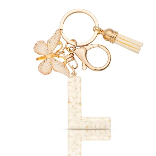 MORSUNBELA Schlüsselanhänger Buchstabe Mädchen Geschenke Schlüsselanhänger mit Buchstaben Anfangsbuchstabe Schmetterling Keychain Letter für Frauen Damen Beige L