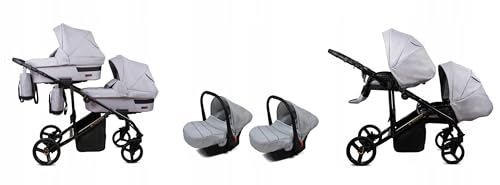 BabyLux® Kinderwagen Set 3 in 1 für Zwillinge - Trailux Duo - Silver - incl. Babywanne, Buggy Sportsitz, Auto-Babyschale - Autositz - Geschwisterwagen Zwillingskinderwagen mit Wickeltasche
