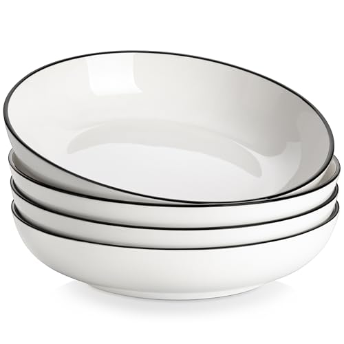 MALACASA, Serie Regular, 4 Teilig Pastateller Suppenteller Cremeweiße mit Schwarzem Rand Porzellan Salatteller, Tiefe Teller für Spaghetti, Große Suppenschüssel für Pasta Suppen Salat Obst, 1680ml