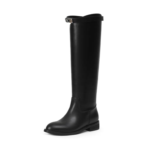 iiimmu Reitstiefel für Damen, silberfarbene Schnalle, kniehohe Damenstiefel, runder Zehenbereich, Kunstleder, Motorrad-Stil, PU-Leder, Schwarz, 38 EU