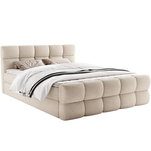 FurniDe24 Boxspringbett mit 2 Bettkästen, Taschenfederkernmatratze und Topper, Gepolstertes Doppelbett mit Kopfteil und Fußteil, Bouclé-Stoff, Polsterbett Leo (Anthology 03, 180 x 200 cm)