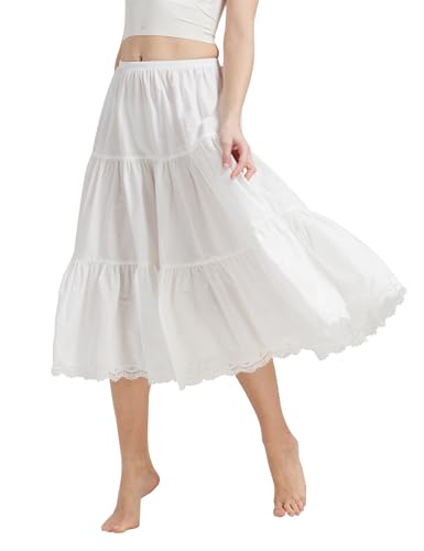 BEAUTELICATE Unterrock Damen Baumwolle Vintage A-Linie Rock Lang Kurz Halbrock mit Spitze Petticoat Unterrock für Dirndl Durchsichtige Kleider,Elfenbein Weiß - 90cm Länge,XXL
