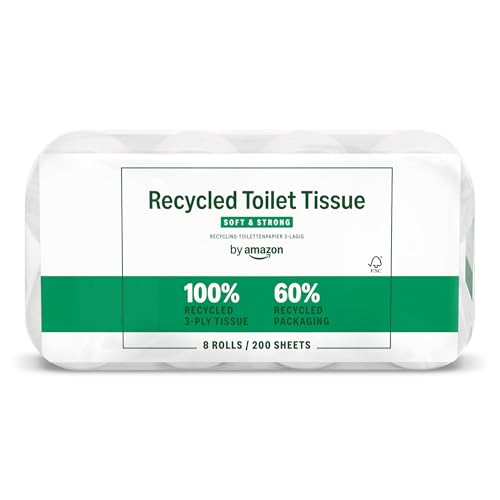 by Amazon Recyceltes Toilettenpapier, 100% recycelte Fasern, 3-lagig, 200 Blatt, 8 Rollen (1 Pack à 8 Rollen), FSC-zertifiziert