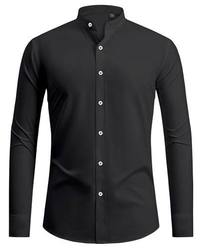 siliteelon Hemd Herren Bügelfrei Stehkragen Hemden Herren Schwarz Stretch Freizeithemden Reglar Fit Businesshemd Anzug Hemd fürMänner Beerdigung