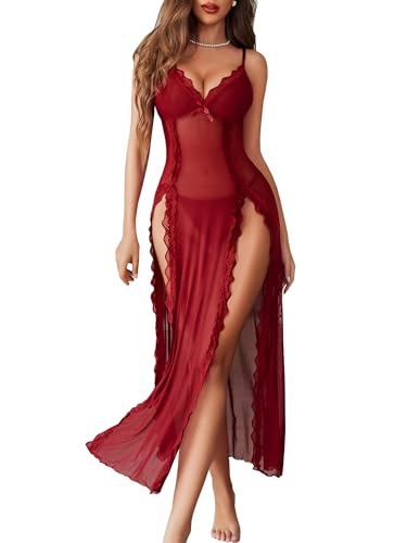 Avidlove Damen Negligee Babydoll Dessous Sexy Spitze Unterwäsche Nachthemd Set Reizwäsche Lingerie Nachtwäsche V-Ausschnitt Transparent Mesh Chemise mit G-String Rot M