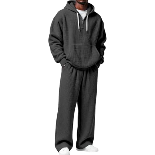 trainingsanzug-herren, Jogginganzug Herren Waffelmuster 2 Teiler Hoodie und Baggy Jogginghose Zweiteiler Männer Trainingsanzug Casual Tracksuit Y2K Hausanzug Streatwear Jogging Anzug Set, Schwarz, S