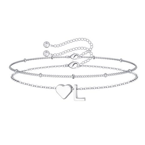 TINGN Armband Damen Silber, 14K Weißgold Vergoldete Layered Herz Armband mit Buchstaben L Armkette Buchstaben Armbänder für Mädchen Schmuck Damen Personalisierte Geschenke für Frauen Freundin Mädche