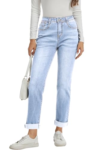 Alaster Queen Damen Jeans Gerade Denim Mit Mittlerer Taille Mode Jeans Damen Stretch Hellblau L