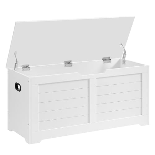 VASAGLE Schuhbank, Sitzbank mit Stauraum, Sitztruhe mit 2 Sicherheitsscharnieren, Aufbewahrungsschrank, Landhausstil, 40 x 100 x 46 cm, für Flur, Schlafzimmer, Wohnzimmer, wolkenweiß LSB061T10