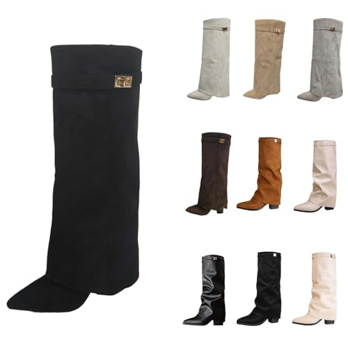 Overknees Stiefel Damen Shark Boots Schwarze Stiefe Slouchy Boots - Spitzer Zehenbereich Plateauabsatz Langschaft Knee High Boots Winter Warme Leder Mode Komfort Dressy Stiefel Kniestiefel Mittelalter