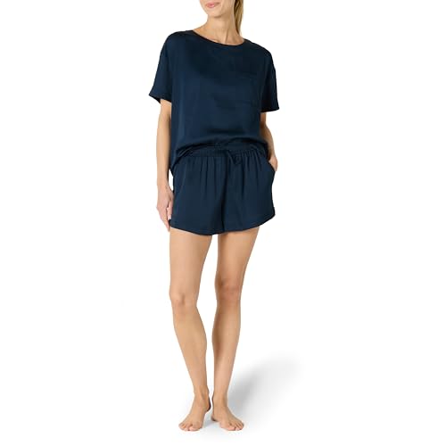 Amazon Essentials Damen Set aus Pyjama-Top und Shorts aus Satin, Marineblau, M