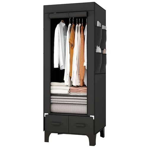 OPPAIYA Stoffschrank Stabil & Schmal 69cm, Faltbarer Kleiderschrank mit 2 Schubladen & 8 Seitentaschen, Kleiderständer Stabil mit Abdeckung, Campingschrank für Schlafzimmer, 69x45x160 cm Schwarz