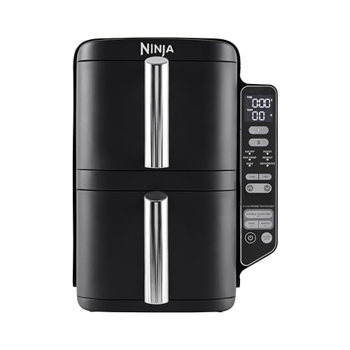 Ninja Double Stack Heißluftfritteuse, 7,6L Digitale Air fryer Doppelkorb mit 4 Kochstufen, 2 Schubladen, 2 Gestelle, platzsparendes Design, 6 Kochfunktionen, 6 Portionen, Schwarz SL300EU