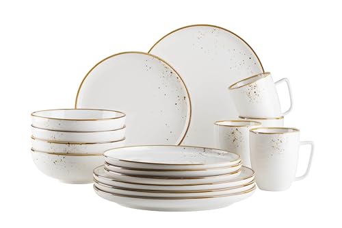 MÄSER Serie Pintar, hochwertiges Speise Geschirr-Set für 4 Personen, 16-teiliges Kombiservice mit heller Glasur, visuellen braunen Sprenkeln und feinem Rand im Vintage Handmade Look, Porzellan