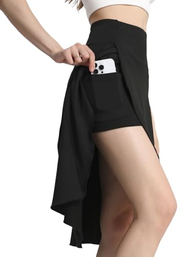 Bezioner Hosenrock Damen Sommer Midirock Tennisrock mit Hose Taschen HoherTaille Golfrock Sportrock mit Schlitz Rüschensaum Schwarz L