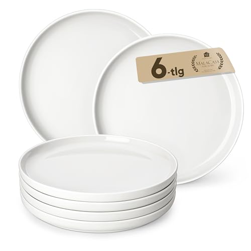 MALACASA LUNA Weiß Porzellan Dessertteller 6 Stück, Ø21cm mit erhöhtem Rand
