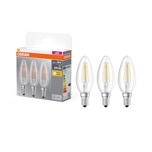 Osram LED Base Classic B Lampe, in Kerzenform mit E14-Sockel, nicht dimmbar, Ersetzt 40 Watt, Filementstil Klar, Warmweiß - 2700 Kelvin, 3 Stück (1er Pack)