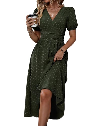 HUXRAKV Damen Sommerkleid Kurzarm V-Ausschnitt Vintage Elegant Midi Kleider A-Linie Blumenmuster Casual Wickelkleid, 51-Armeegrün, L