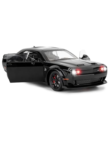 1/24 Dodge Challenger SRT Hellcat Auto Modell, Sammlerstück Diecast Modell Auto mit Lichtern und Geräuschen, Pull Back Auto Spielzeug für Erwachsene Kinder Geburtstag Geschenke Dekoration (schwarz)