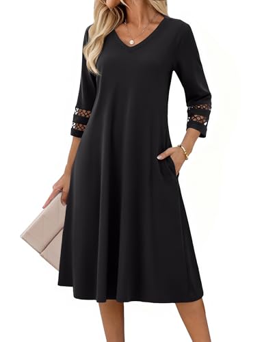 Zeagoo Kleid Damen Sommer A Linien Tunikakleid Elegant 3/4 Ärmel Sommerkleid Spitzenärmeln Midikleid V-Ausschnitt Blusenkleid Schwarz XL