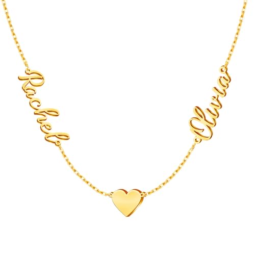 Kiddo Sky Personalisierte Namenskette mit Panzerkette, 18 Karat Vergoldet, Handgefertigt, Individuelles Familien-Halsband, Geschenk für Mama und Frau (2-Namen-Halskette mit Herz)