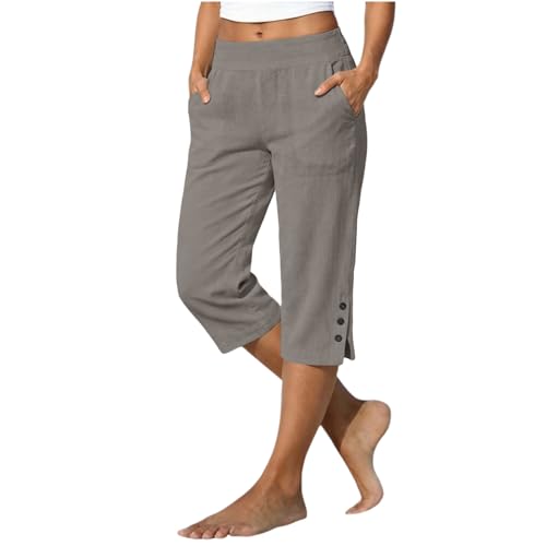 Generisch Caprihose Damen 3/4 Hose Lockere Sommerhose in Leinenoptik Elastischer Bund Freizeithose mit Taschen Gerade Schnitt Seitenschlitz Knöpfen Strandhose für Alltag Strand Urlaub
