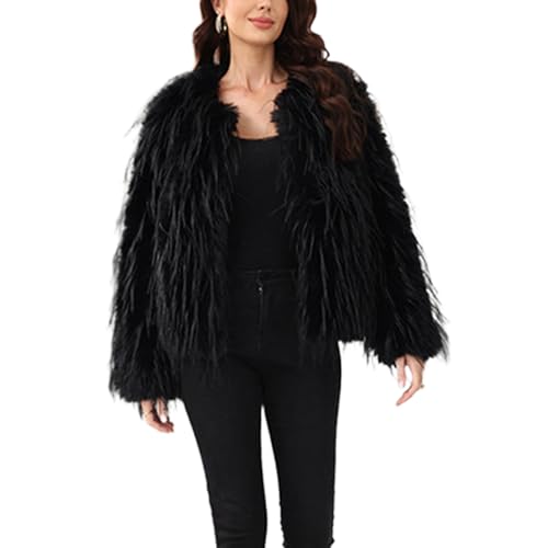ZhuiKun Damen Kunstpelz Mantel Faux Pelz Winterjacke Kunstfell Einfarbig Wintermantel Langarm Rundhals flauschige Pelzjacke - Schwarz, S