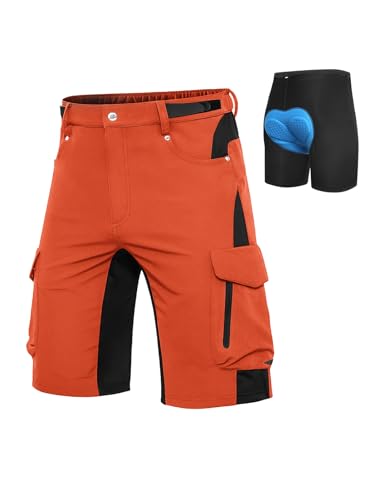 Cycorld MTB Hose-Kurz-Herren-Fahrradhose-Gepolstert, Schnelltrocknende MTB Shorts Radlerhose Atmungsaktiv Radhose Herren Kurz mit Verstellbaren Klettverschlüssen(Orange, L)