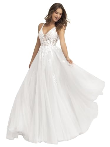 HUINI Spitzen Tüll Brautkleid Langer V-Ausschnitt A-Linie ärmellos Strand Hochzeitskleid für die Braut mit Schleppe Weiß 38
